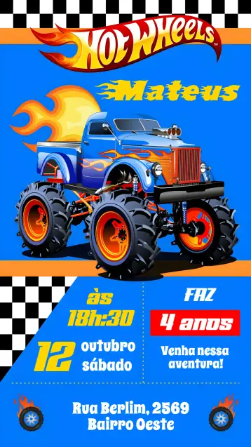 Convite Hotweels para cumpleaños infantil con temática de coches. – tema cumpleaños (vibrante, moderno, temático, infantil, divertido)