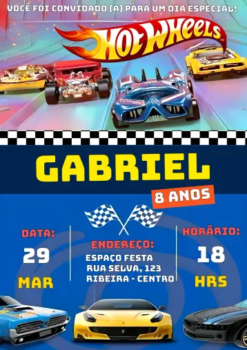 Convite Hotwheels 1 para aniversário infantil – tema mais pesquisados (azul, corrida, carros, divertido, infantil)