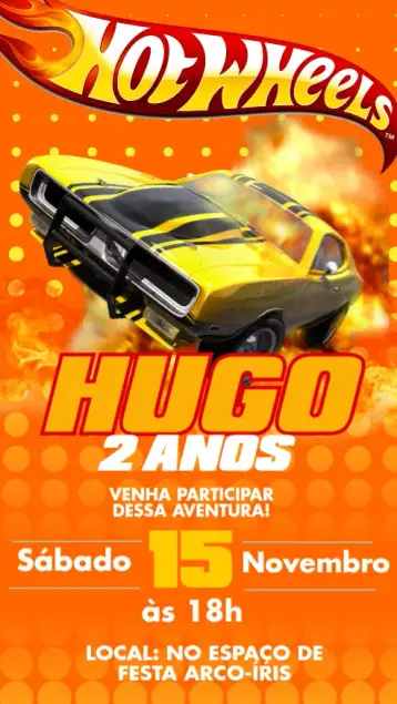 Convite Hotwheels para aniversário infantil com tema de corrida. – tema aniversário infantil (carnaval, moderno, colorido, temático, esportivo)