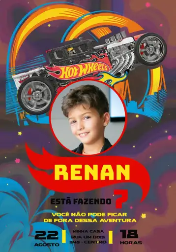 Convite Hotwheels With Photo Cars para children's birthday – tema most searched for (colorful, modern, fun, themed, dynamic)