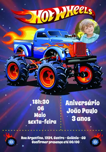 Convite Hotwheels With Car Photo para kids' birthday with cars and speed theme. – tema most searched for (cars, racing, colorful, fun-filled, childlike, dynamic)