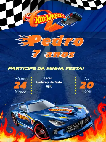 Convite Hotwheels Race para children's birthday with hotwheels theme. – tema most searched for (modern, colorful, themed, fun, dynamic)