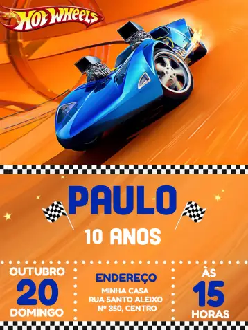 Convite Hotwheels Menino para aniversário infantil com tema de corridas e carros. – tema mais pesquisados (colorido, divertido, temático, corrida, dinâmico, moderno)