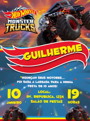 Convite Hotwheels Vermelho para aniversário infantil com tema de carros. – tema mais pesquisados (vibrante, colorido, moderno, temático, divertido)