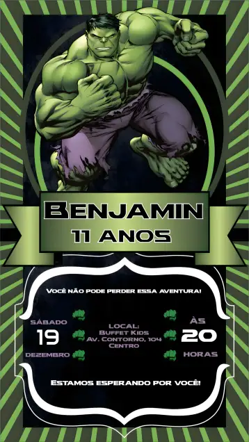 Convite Hulk para aniversário infantil ou festa temática. – tema aniversário (cores vibrantes, estilo moderno, elementos gráficos de super-heróis, design dinâmico, temática divertida, ilustrações coloridas)