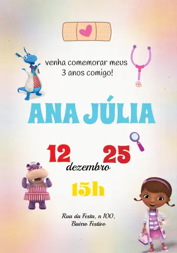 Convite Children's - Doctor Toys para children's birthday with doctor toys theme. – tema kids' birthday party (colorful, fun, toys, childish, themed)