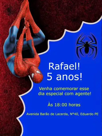 Convite Infantil Homem Aranha Menino para aniversário infantil – tema aniversário infantil (vermelho e azul, temática de super-herói, estilo moderno, elementos gráficos dinâmicos, teia de aranha)