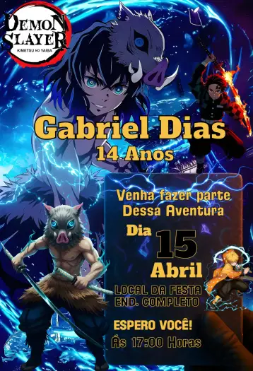 Convite Inosuke Demon Slayer para anime-themed birthday. – tema birthday (modern, colorful, anime style, adventure, youthful, dynamic)