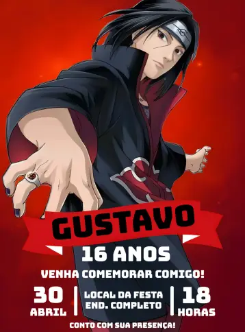 Convite Itachi Akatsuki Ninja editável e personalizável