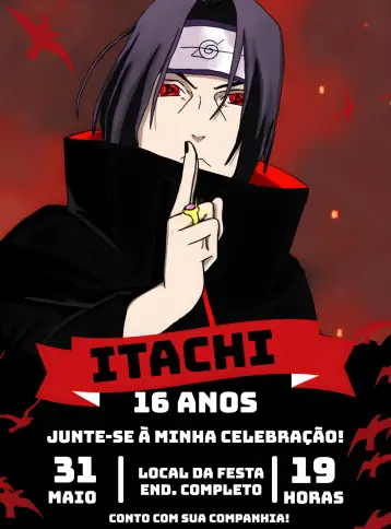Convite Itachi Akatsuki Sharingan editável e personalizável