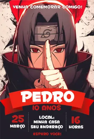 Convite Itachi Uchiha 1 para aniversário infantil. – tema aniversário infantil (anime, colorido, moderno, jovem, fantasia)