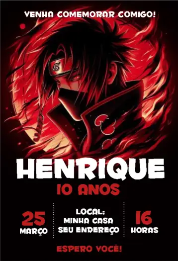Convite Itachi Uchiha 2 para aniversário infantil com tema de naruto. – tema aniversário infantil (anime, colorido, moderno, divertido, jovem, temático)