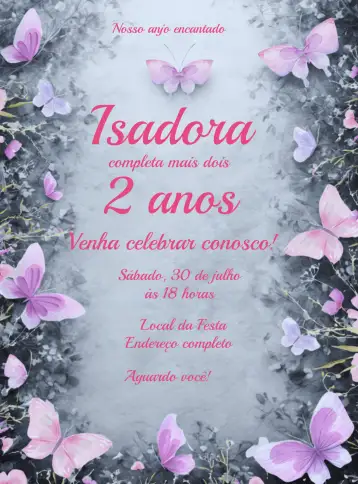 Convite Jardim Das Borboletas Aquarela Menina para aniversário infantil da menina. – tema datas comemorativas (aquarela, colorido, jardim, lúdico, infantil, natureza)