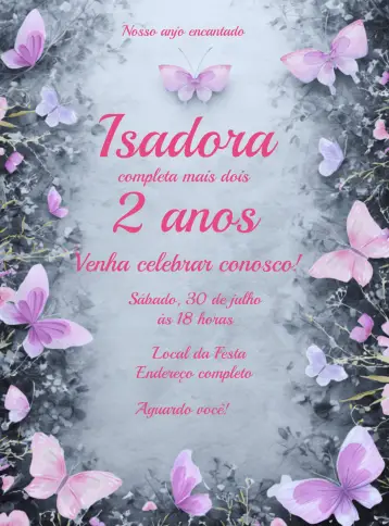Convite Jardim Das Borboletas Aquarela Menina para aniversário infantil da menina. – tema datas comemorativas (aquarela, colorido, jardim, lúdico, infantil, natureza)
