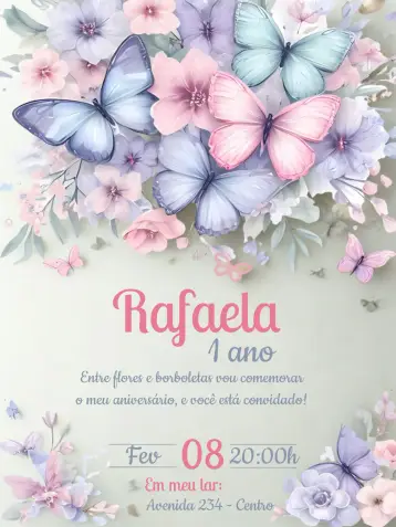 Convite Jardim Das Borboletas Infantil para aniversário infantil. – tema datas comemorativas (floral, colorido, delicado, infantil, natural, alegre)