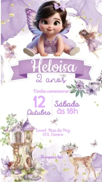 Convite Jardim encantado com fada para aniversário infantil – tema aniversário infantil (lilás, mágico, floral, encantado, infantil, colorido)