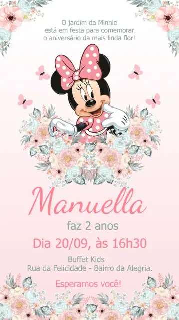 Convite Jardim Encantado Da Minnie Mouse Floral editável e personalizável
