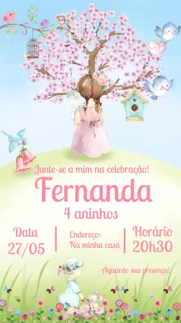 Convite Enchanted Garden Delicate para children's birthday – tema kids' birthday party (floral, delicate, pastel colors, garden, dreamy, playful)