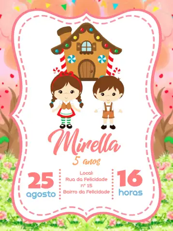 Convite João And Maria Frame para children's birthday and themed parties. – tema commemorative dates (pink, white, strawberry, striped, fun, childish)