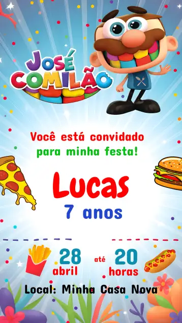 Convite José Comilão Colorido para children's birthday – tema most searched for (colorful, childlike, fun, cheerful, modern)