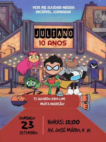 Convite Jovens Titãs Colorido para aniversário infantil com tema dos jovens titãs. – tema mais pesquisados (colorido, divertido, infantil, temático, moderno)