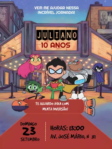 Convite Jovens Titãs Colorido editável e personalizável