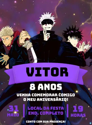 Convite Jujutsu Kaisen Drawing para birthday for anime and manga fans. – tema most searched for (anime, manga, modern, colorful, Japanese, artistic illustrations)