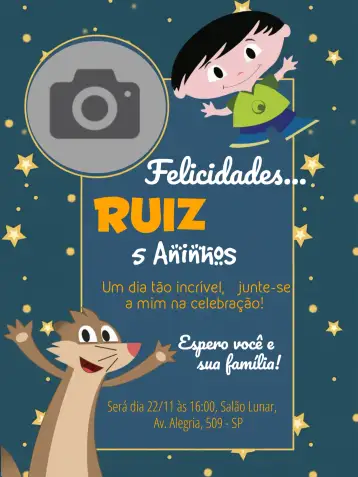 Convite Jupiter And Claudio Luna Show With Blue Photo para children's birthday party with show da luna theme. – tema most searched for (blue, stars, children's, fun, space, colorful)