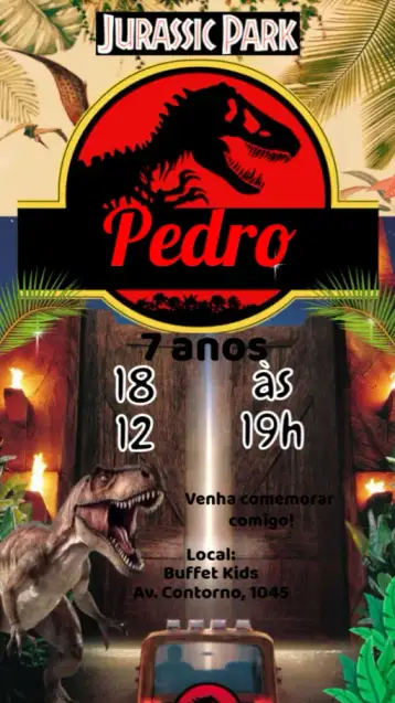 Convite Jurassic Park para aniversário infantil com tema de dinossauros. – tema aniversário infantil (dinossauros, aventura, pré-histórico, colorido, divertido, temático)