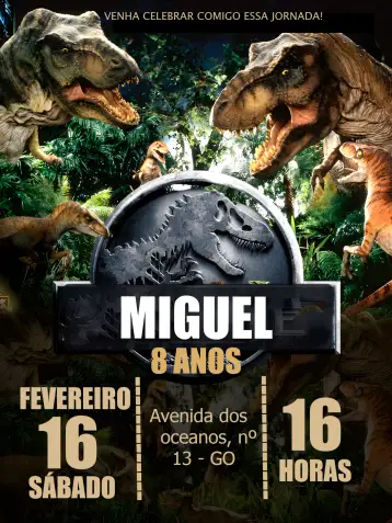 Convite Jurassic Park Dinossauros para aniversário infantil com tema de dinossauros. – tema mais pesquisados (colorido, aventura, natureza, infantil, temática, divertido)