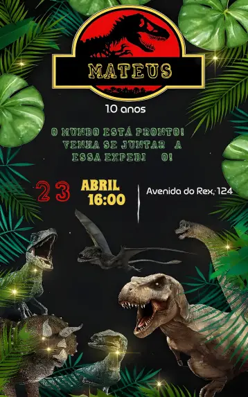 Convite Jurassic Park Dinossauros Preto editável e personalizável