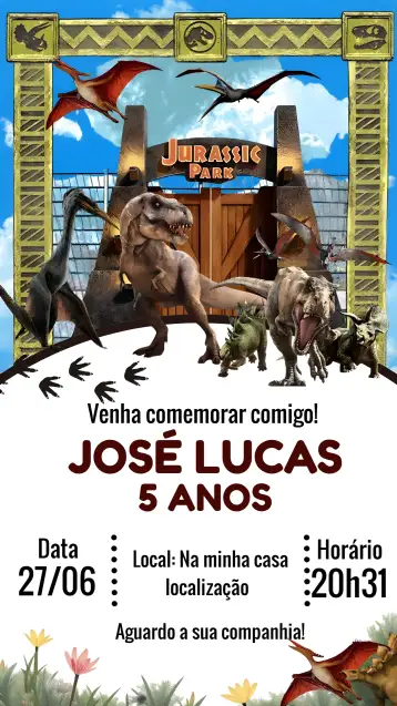 Convite Jurassic Park Rex para aniversário infantil com tema de dinossauros. – tema aniversário (colorido, pré-histórico, divertido, natureza, dinossauros, floral)