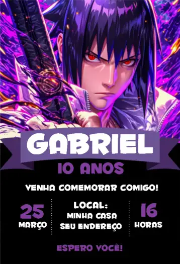 Convite Sasuke 1 para aniversário infantil com tema naruto – tema aniversário infantil (temática Naruto, cores vibrantes, design divertido, elementos gráficos de anime, estilo moderno, festa infantil)