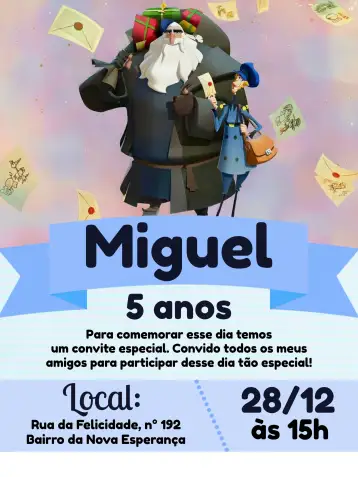 Convite Klaus Mailman para children's birthday and christmas celebrations. – tema commemorative dates (blue, white, gray, Christmas-themed, fun, childish)