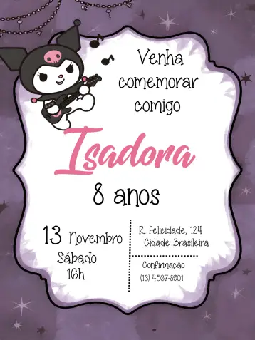 Convite Kuromi Gótica para aniversário com tema gótico e divertido. – tema mais pesquisados (gótico, vibrante, temático, moderno, fantasia)