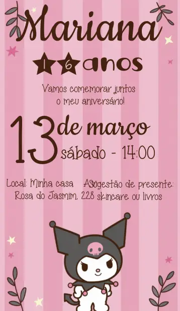 Convite Kuromi Hello Kitty Infantil editável e personalizável