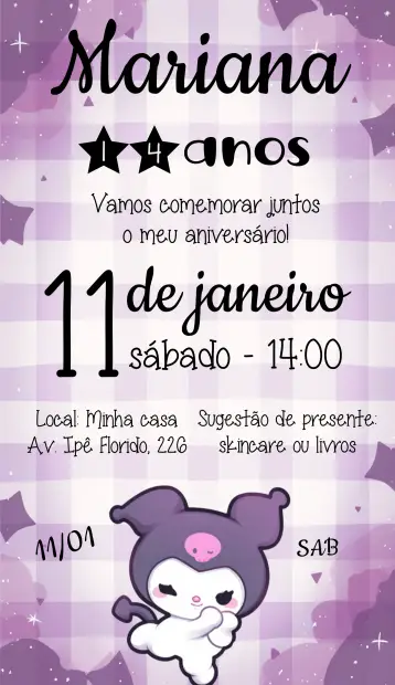 Invitación Kuromi Hello Kitty Keroppi editable y personalizable