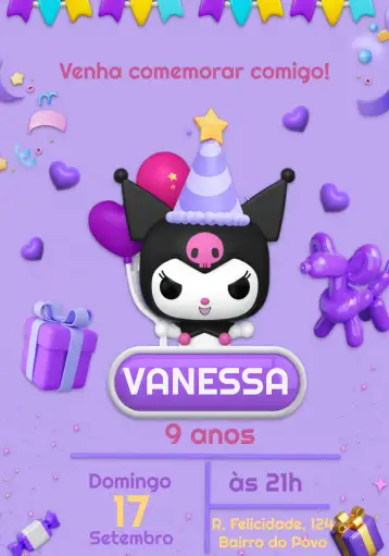 Convite Kuromi San para cumpleaños infantiles y fiestas temáticas. – tema más buscados (morado, lila, moderno, divertido, infantil, temático)