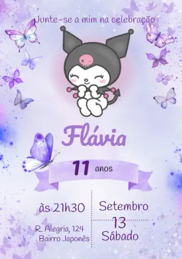 Convite Kuromi Sanrio para children's birthday or themed party. – tema most searched for (lilac, purple, watercolor, children's, fun, themed)