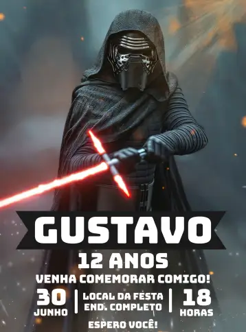 Convite Kylo Ren Star Wars Império para aniversário infantil com tema star wars. – tema aniversário infantil (preto e branco, futurista, intergaláctico, temática de aventura, sci-fi, moderno)