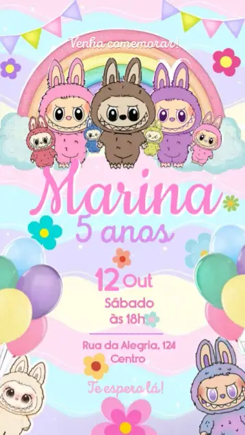 Convite Labubu editável e personalizável