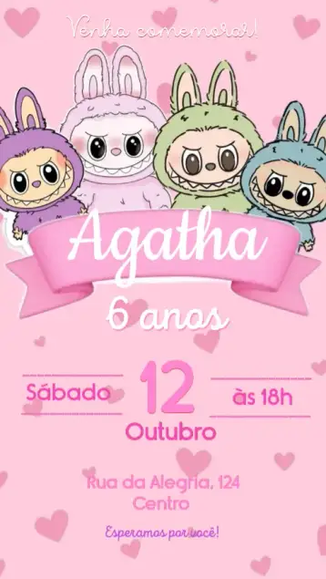 Convite Labubu para aniversário infantil – tema aniversário infantil (colorido, aquarela, feminino, lúdico, romântico, divertido)