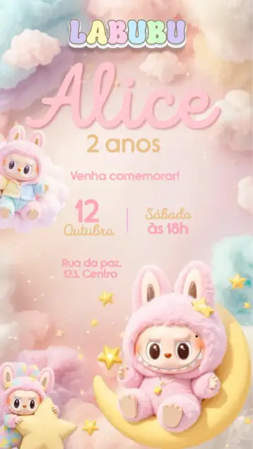 Convite Labubu editável e personalizável