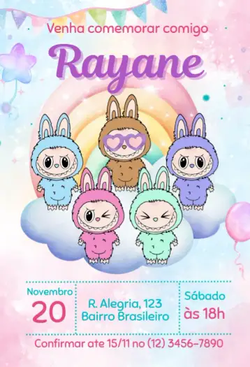 Convite Labubu para aniversário infantil – tema aniversário infantil (colorido, lúdico, divertido, moderno, infantil)