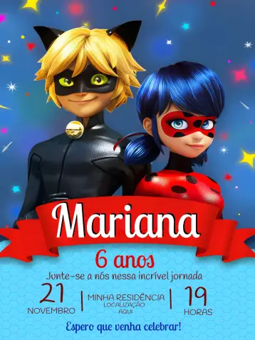Invitación Lady Bug y Cat Noir Adrien editable y personalizable