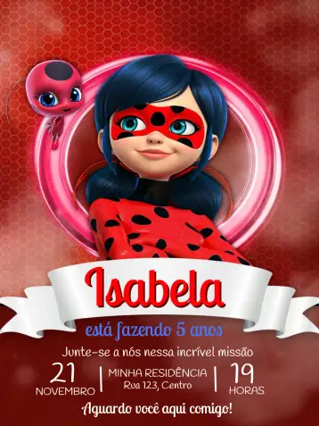 Convite Lady Bug y Cat Noir Adrien para cumpleaños infantil con temática de lady bug y cat noir. – tema más buscados (colorido, aventura, infantil, moderno, temático)