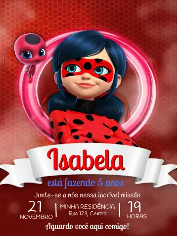 Invitación Lady Bug y Cat Noir Adrien editable y personalizable