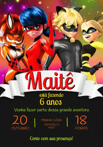 Convite Lady Bug Y Cat Noir Morado para cumpleaños infantil con temática de miraculous. – tema más buscados (púrpura vibrante, rojo intenso, elementos gráficos de Miraculous, estilo moderno, diseño colorido, temática de superhéroes)