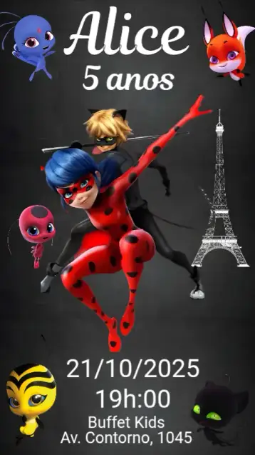 Convite Ladybug para aniversário infantil com tema ladybug. – tema aniversário infantil (colorido, divertido, infantil, temático, heróis, moderno)