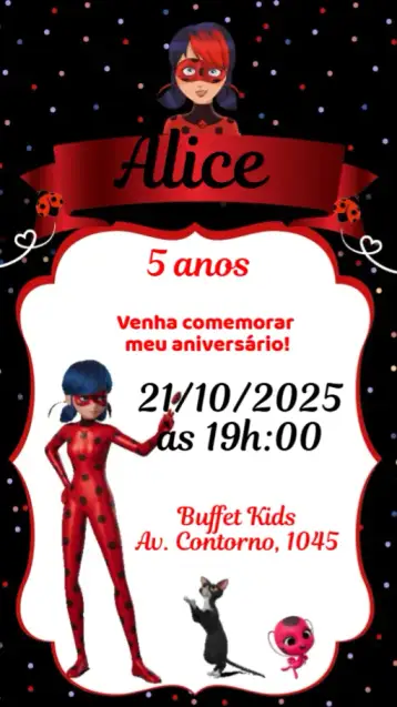 Convite Ladybug para aniversário infantil com tema ladybug. – tema aniversário (colorido, divertido, temático, infantil, moderno)